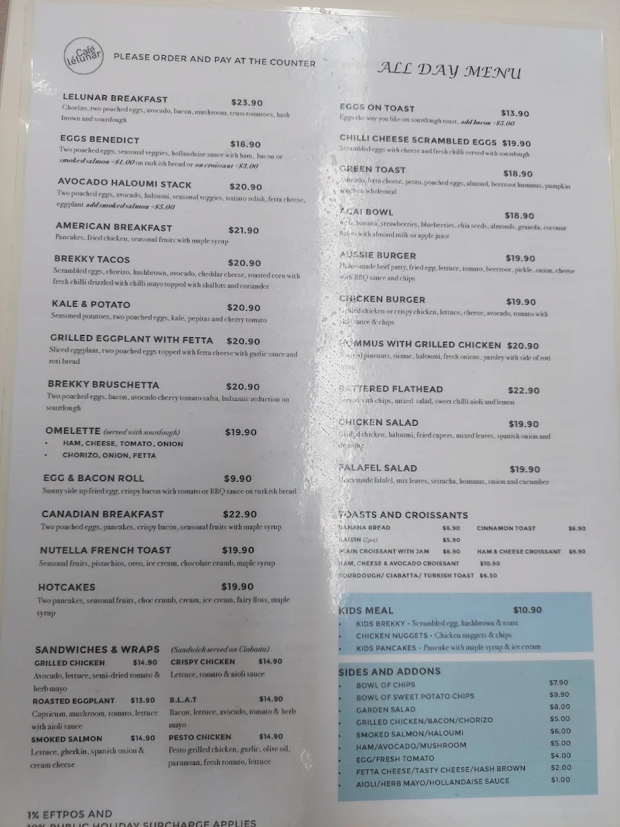 Menu, Cafe LeLunar