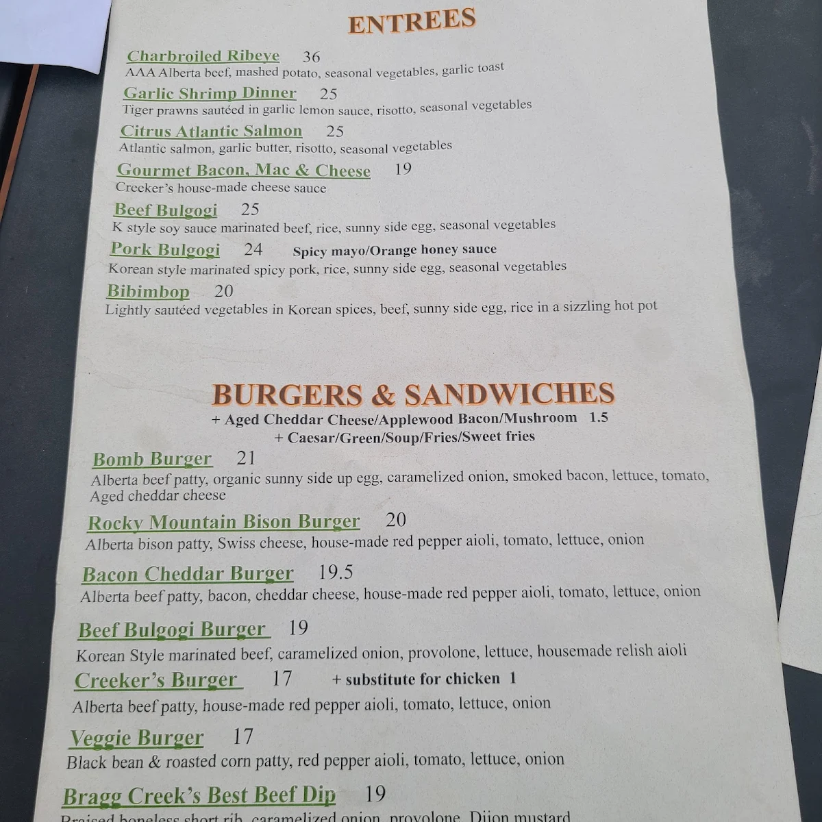 Menu, Creekers Bistro and Restaurant