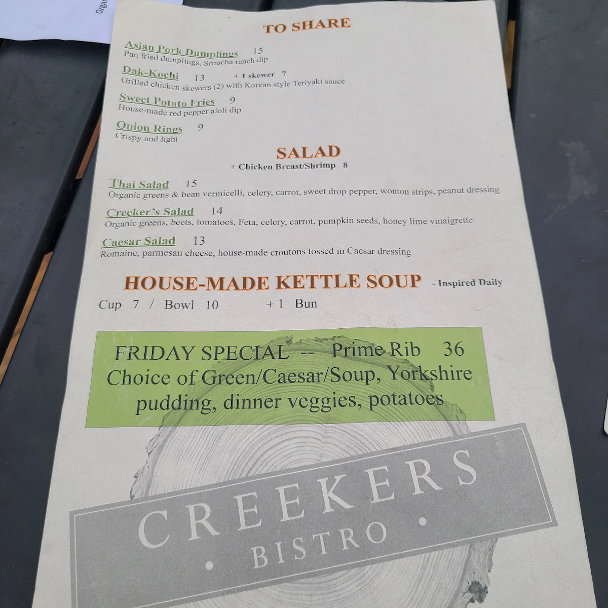 Menu, Creekers Bistro and Restaurant