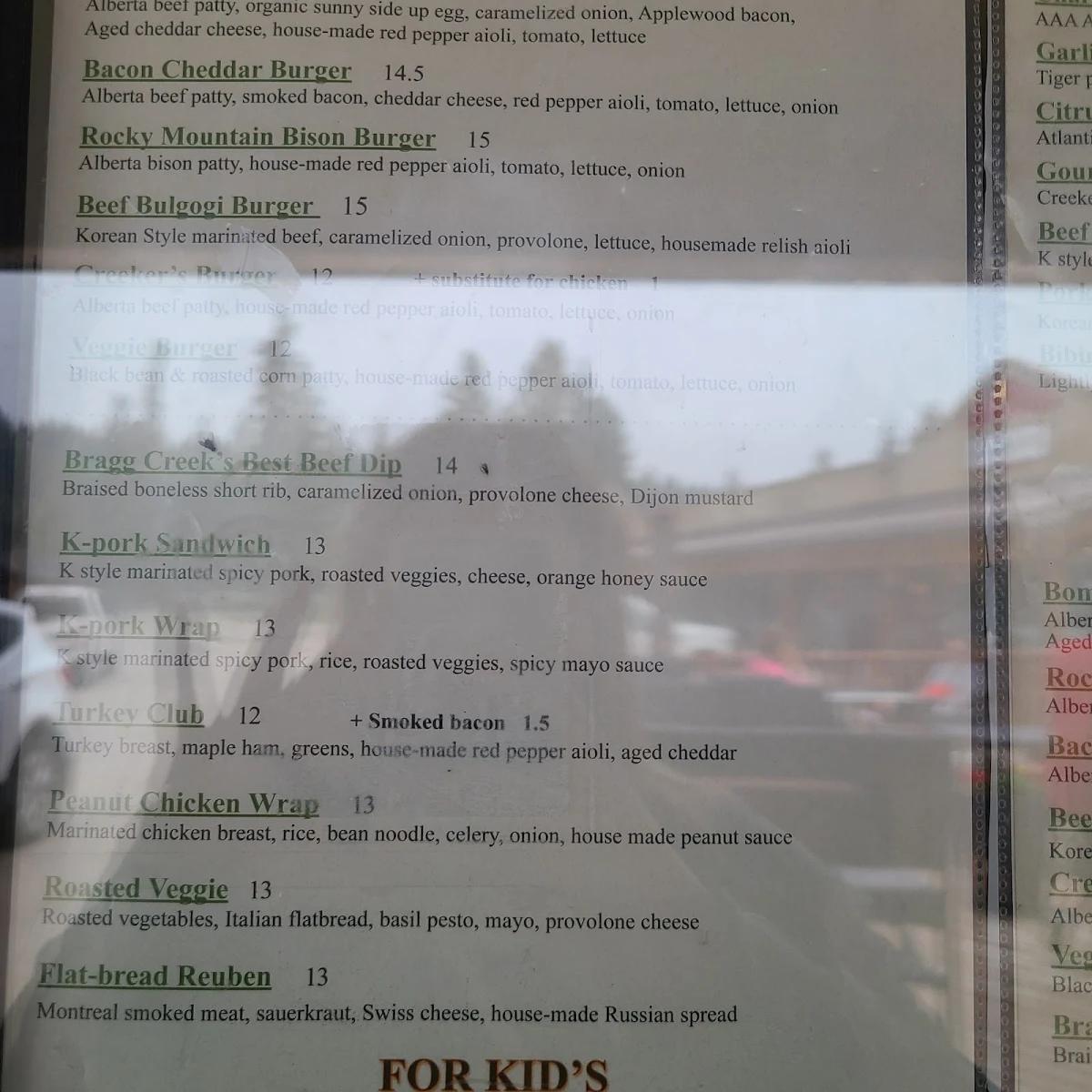 Menu, Creekers Bistro and Restaurant