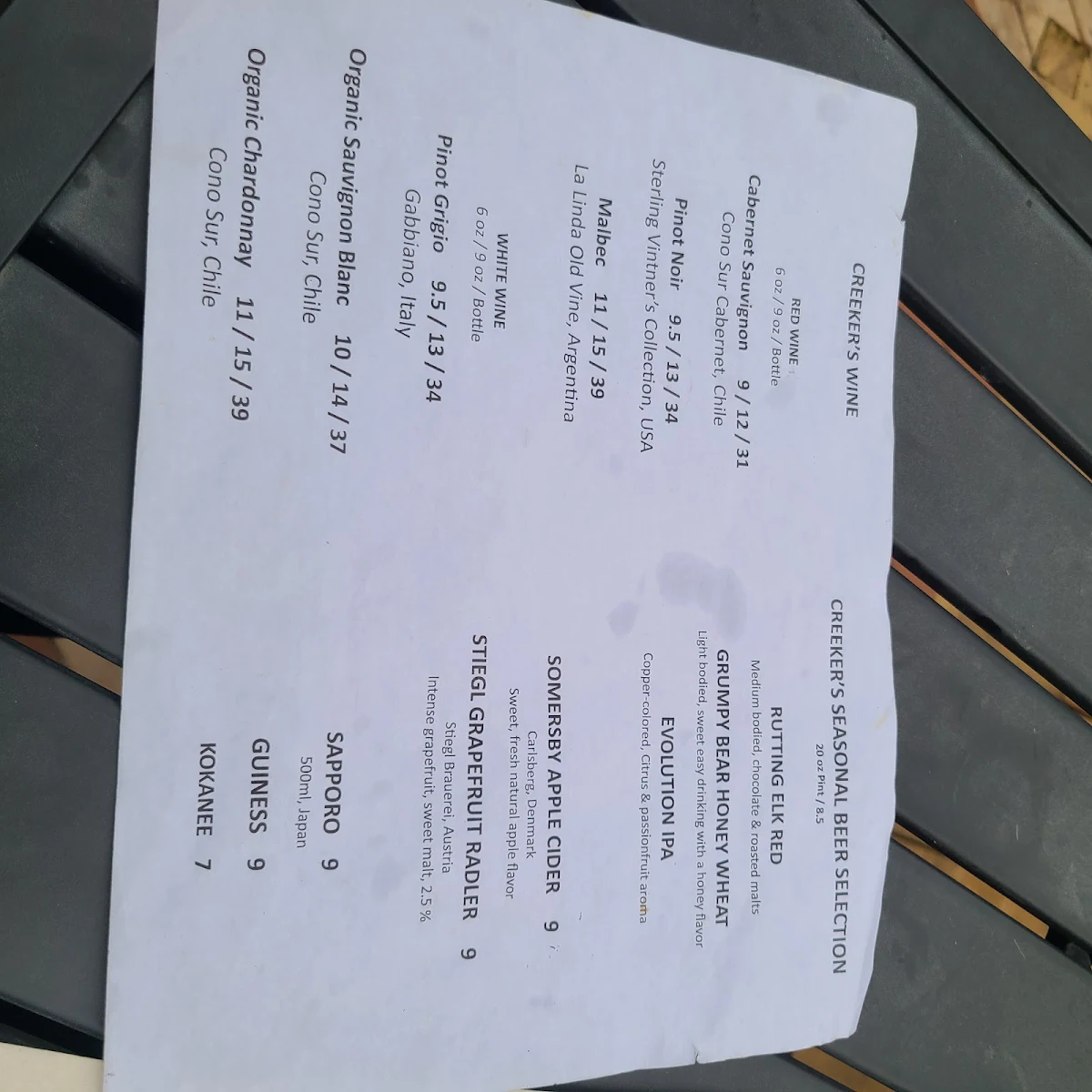 Menu, Creekers Bistro and Restaurant