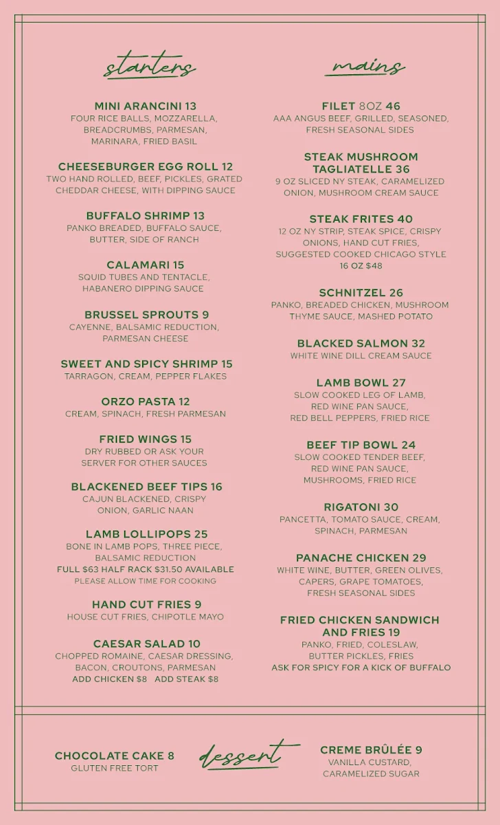 Menu, Panache Restaurant And Lounge