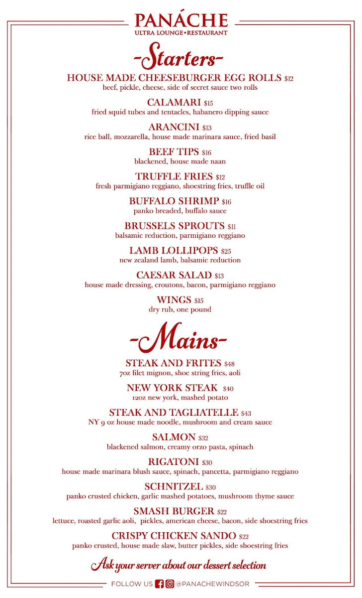 Menu, Panache Restaurant And Lounge