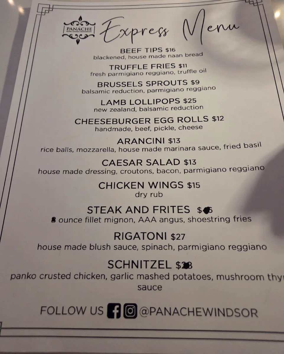 Menu, Panache Restaurant And Lounge
