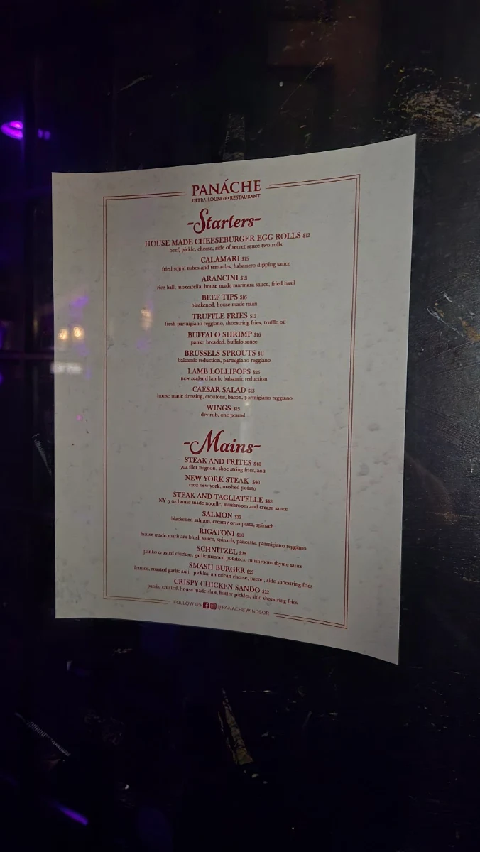 Menu, Panache Restaurant And Lounge