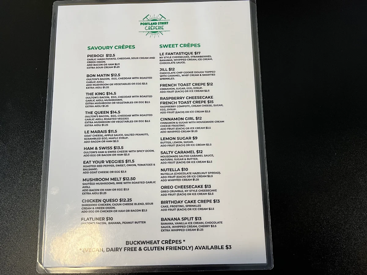 Menu, Portland Street Creperie