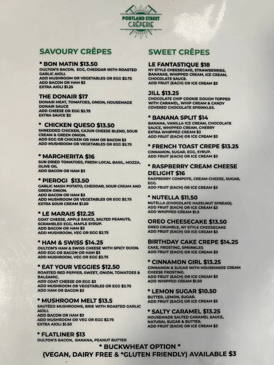 Menu, Portland Street Creperie