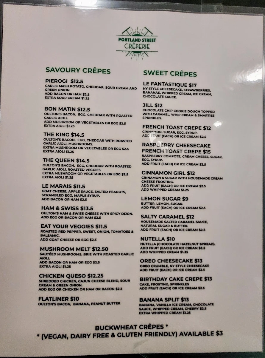 Menu, Portland Street Creperie