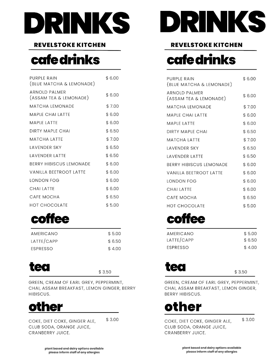Menu, Revelstoke Café