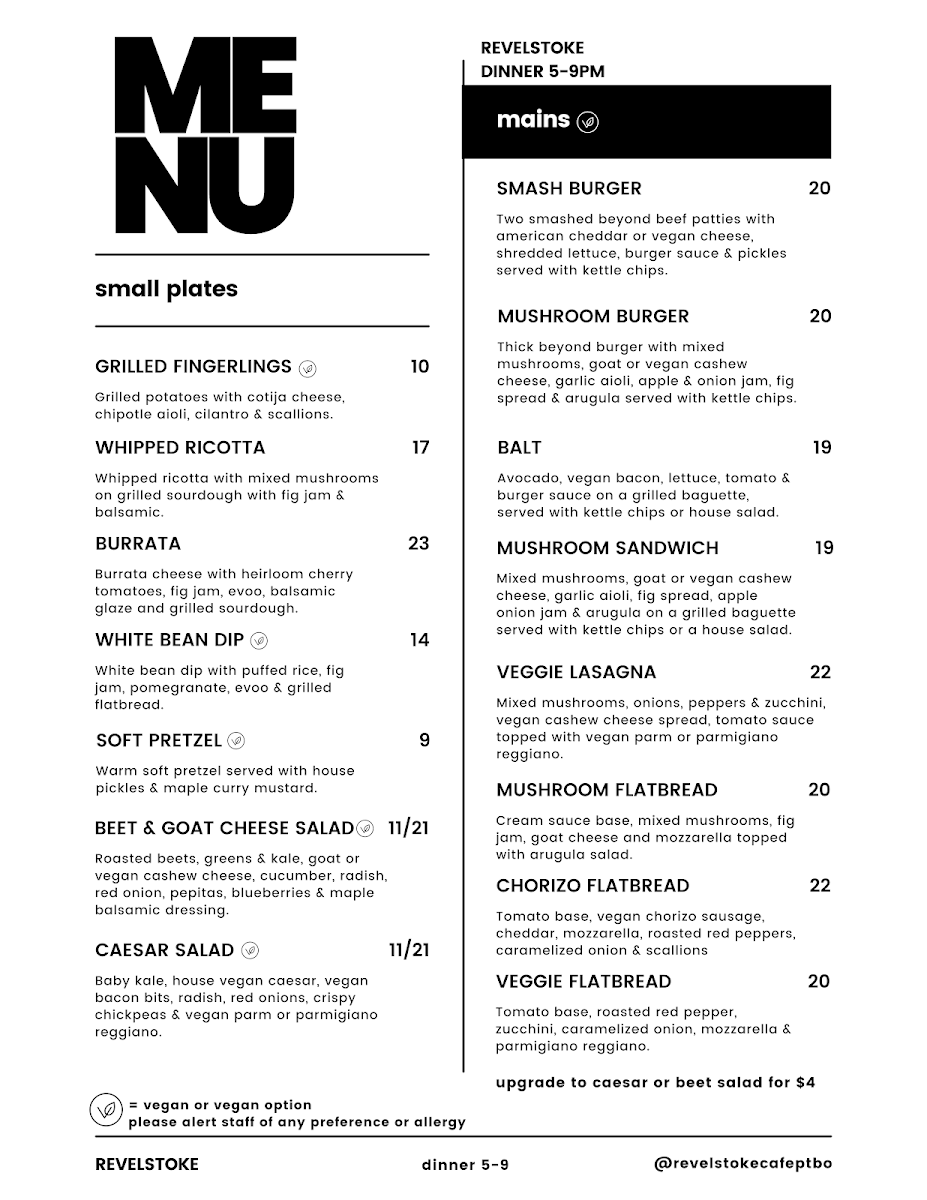 Menu, Revelstoke Café