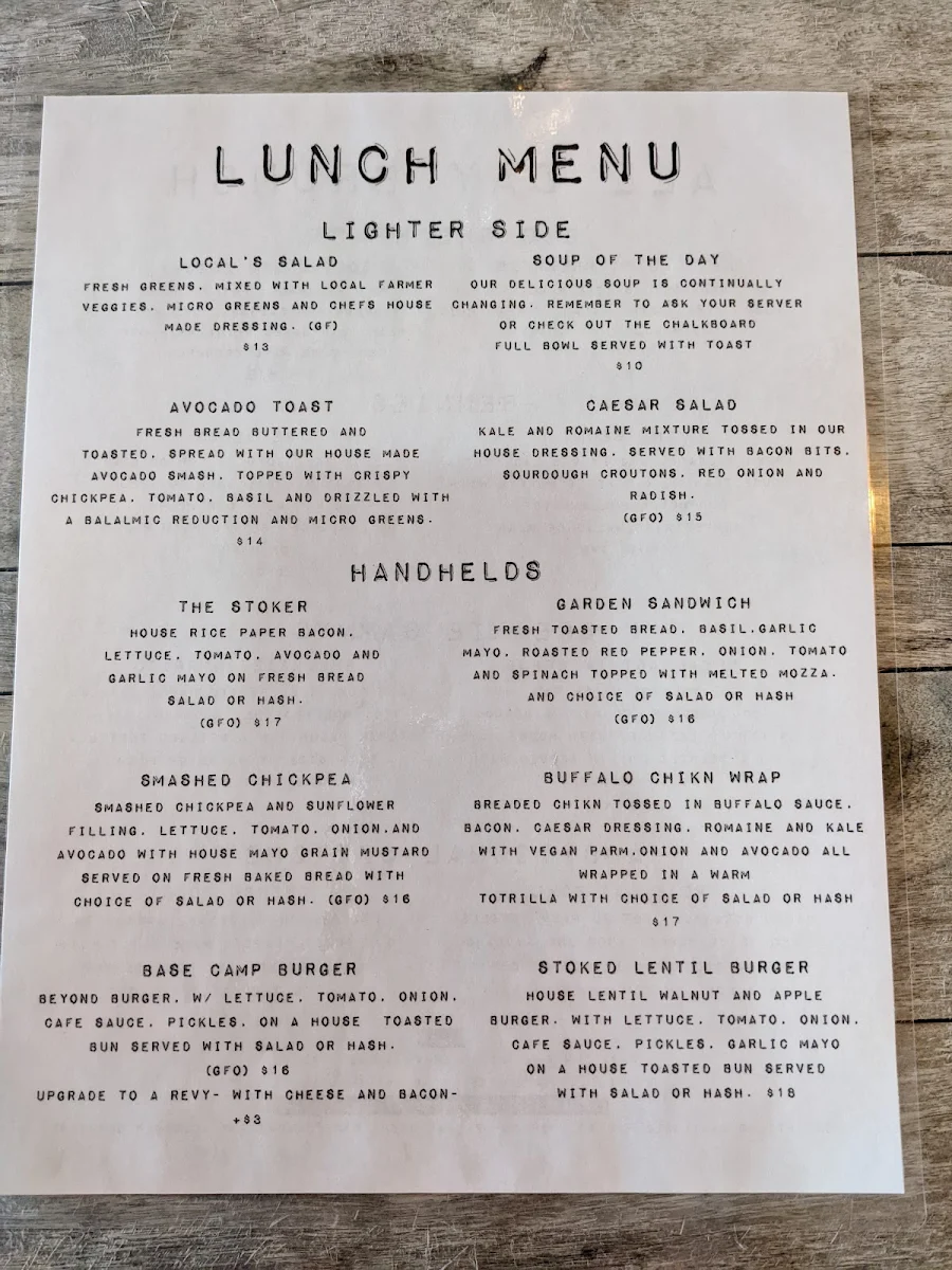Menu, Revelstoke Café
