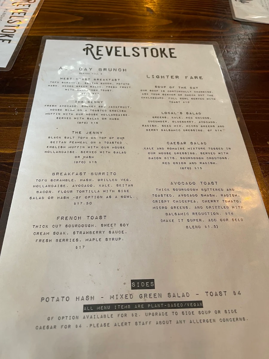 Menu, Revelstoke Café