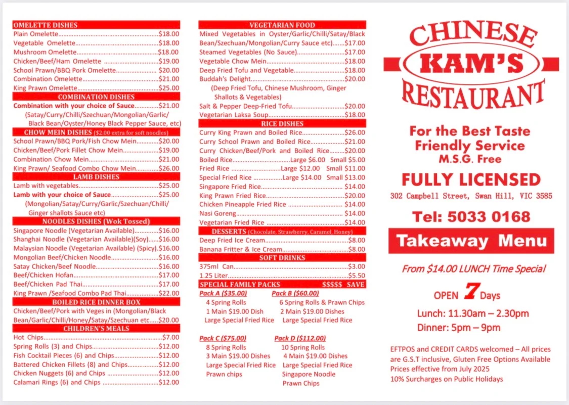 Menu, Kam's Chinese Restaurant