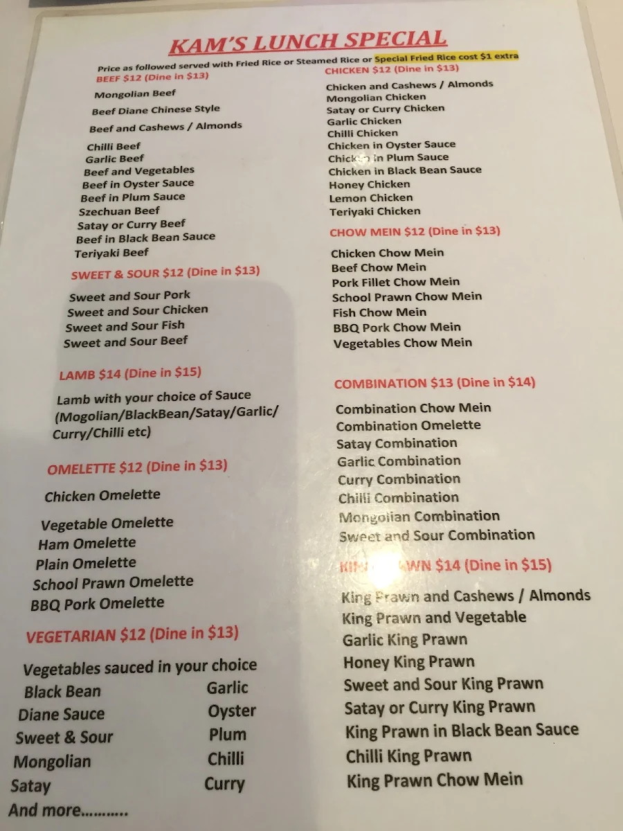 Menu, Kam's Chinese Restaurant