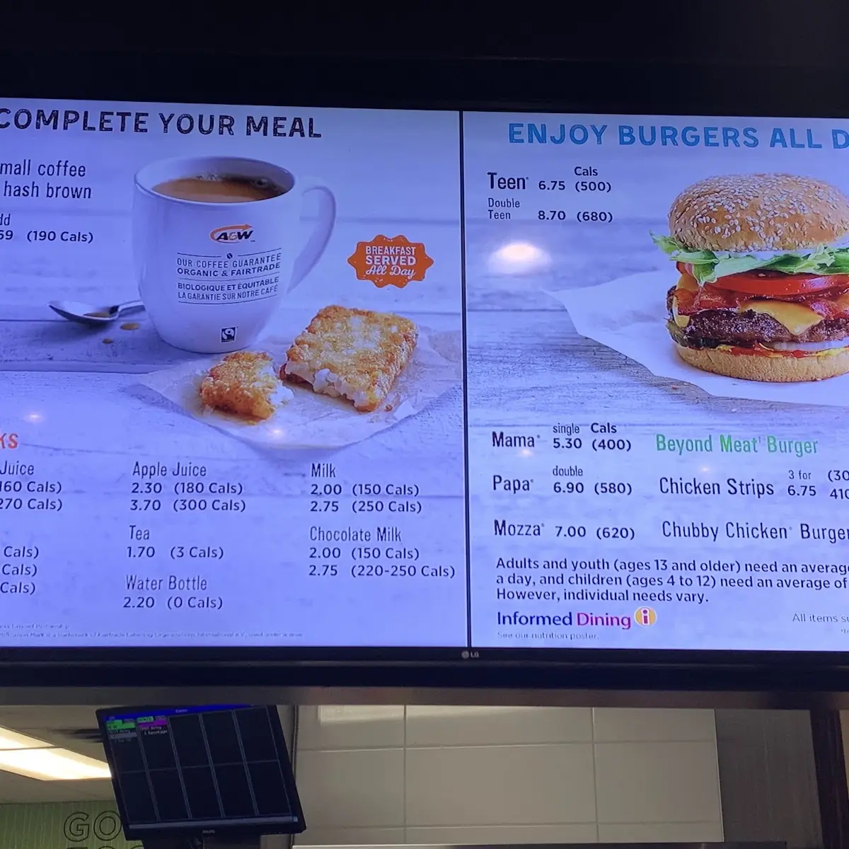 Menu, A&W Canada