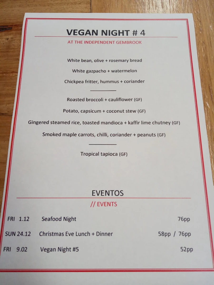Menu, The Independent Gembrook
