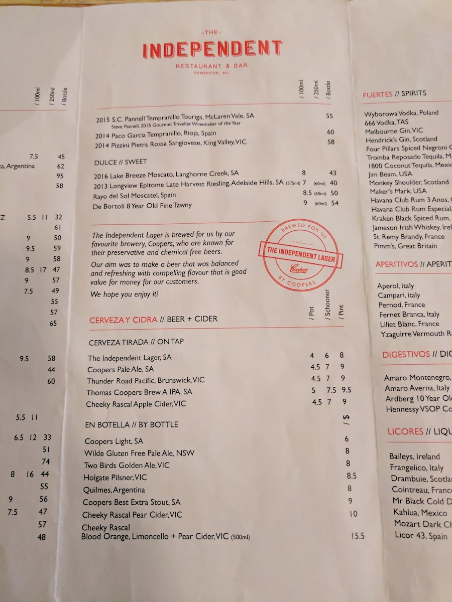 Menu, The Independent Gembrook