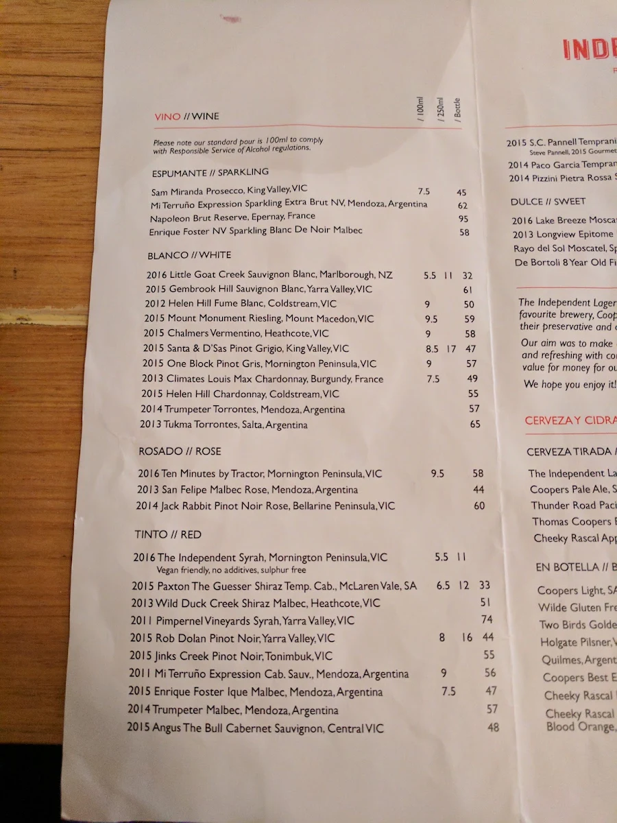 Menu, The Independent Gembrook
