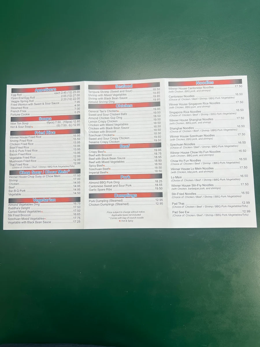 Menu, Winner House Chinese Food