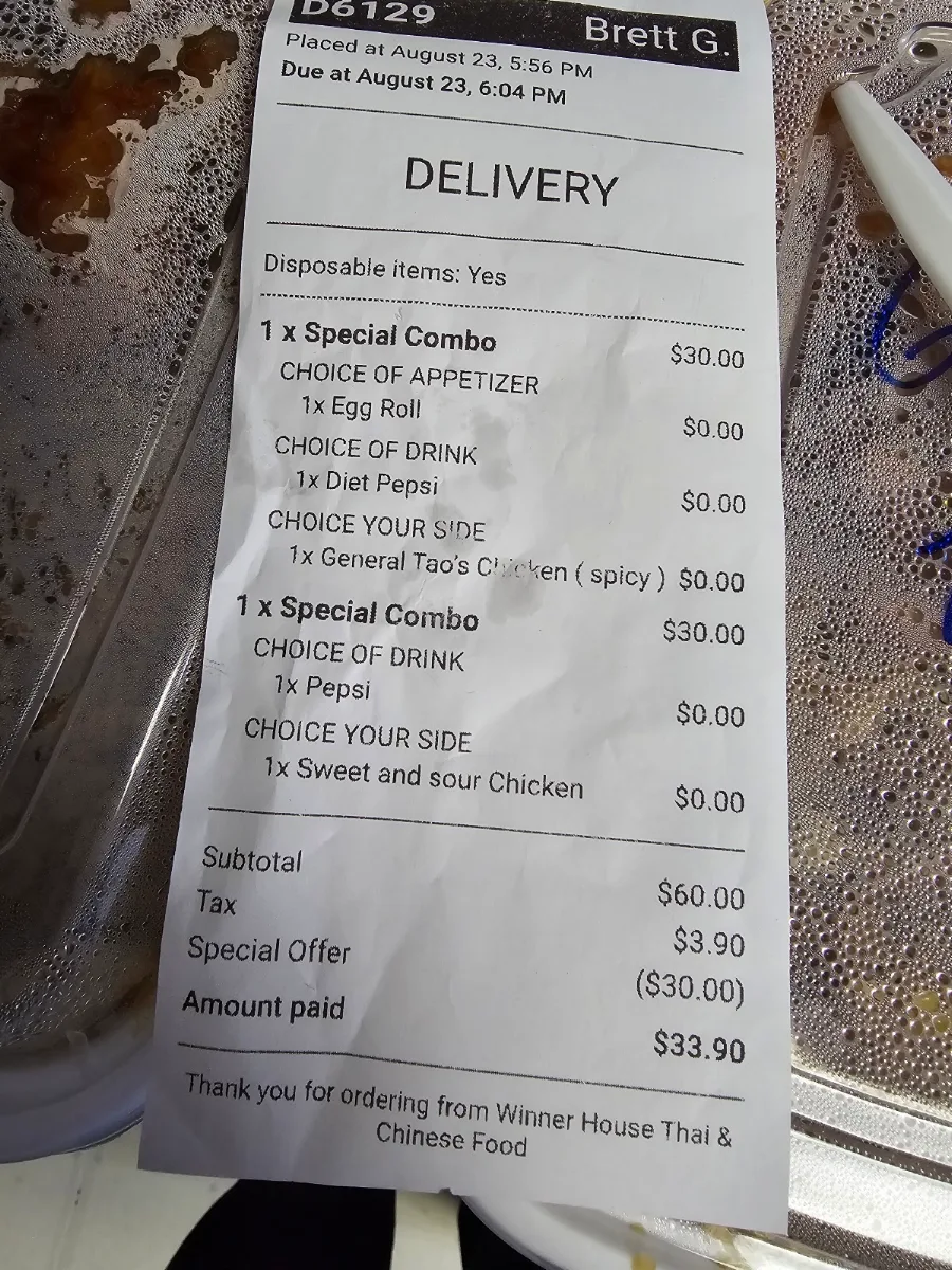 Menu, Winner House Chinese Food