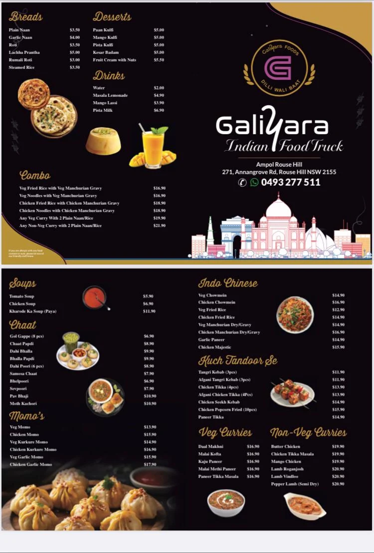 Menu, Galiyara Indian Food Truck