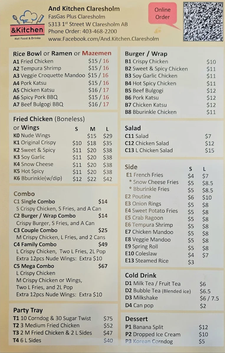 Menu, Claresholm And Kitchen