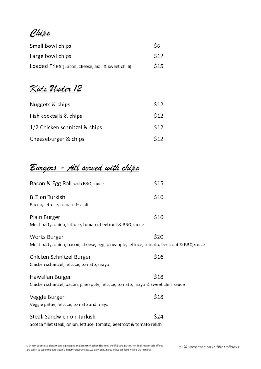 Menu, Tourist Hotel