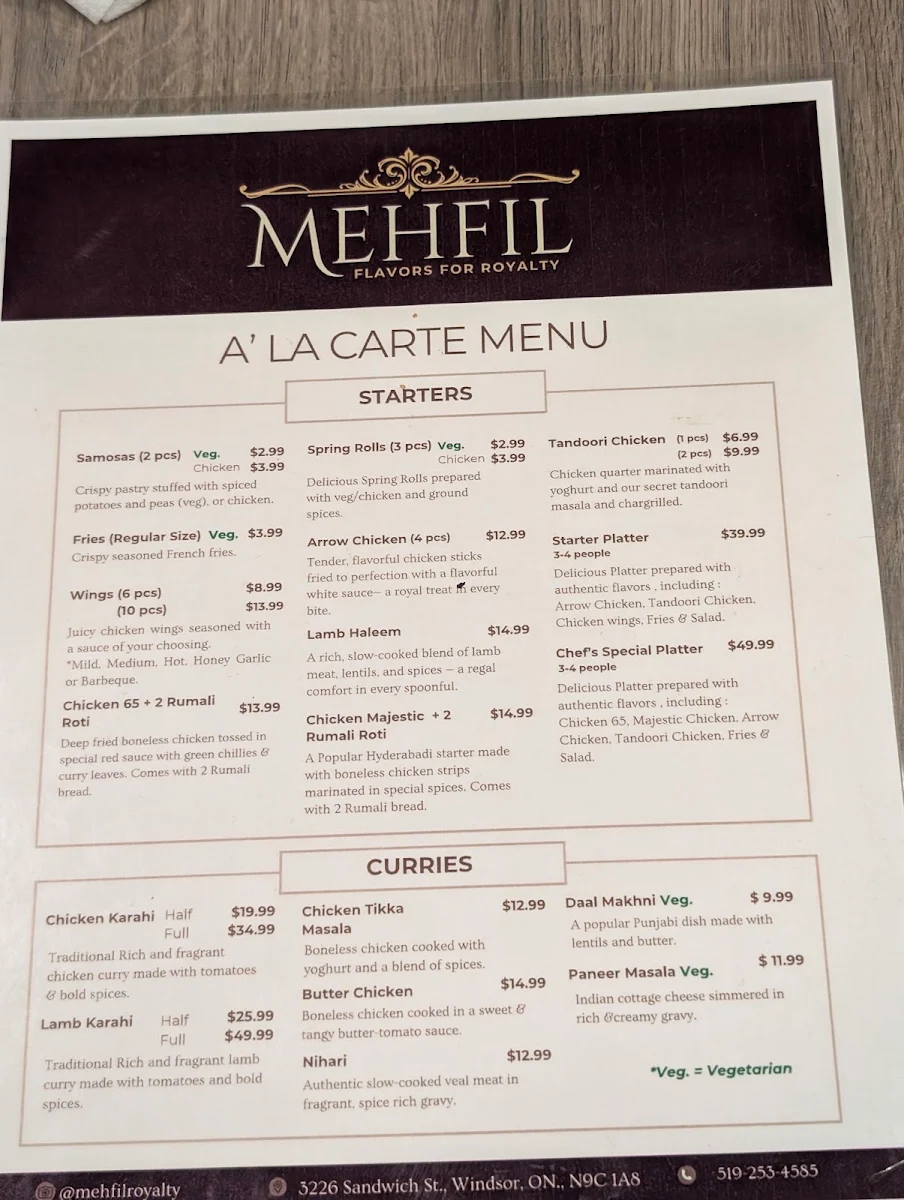 Menu, Mehfil - Flavors for Royalty
