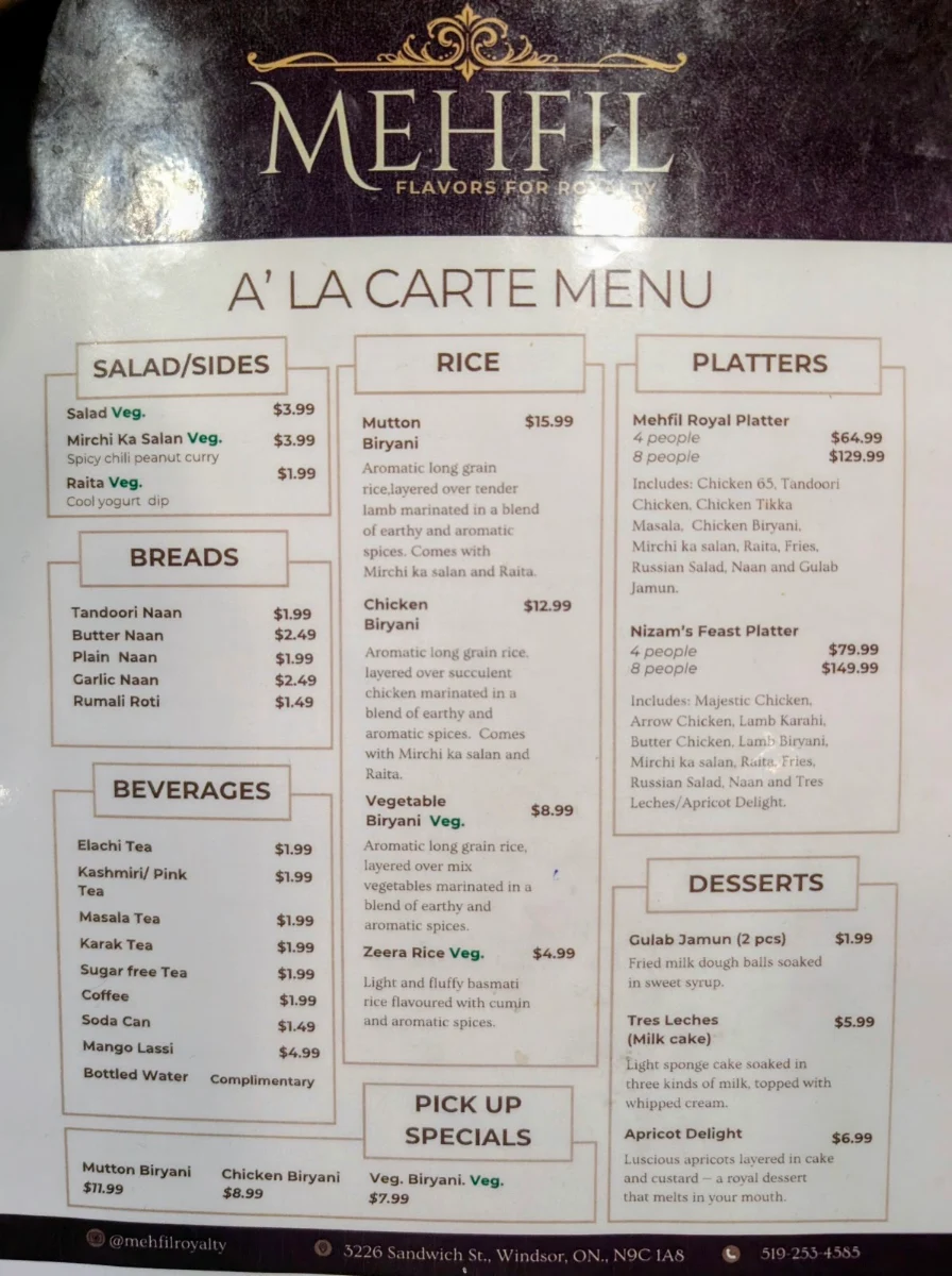 Menu, Mehfil - Flavors for Royalty