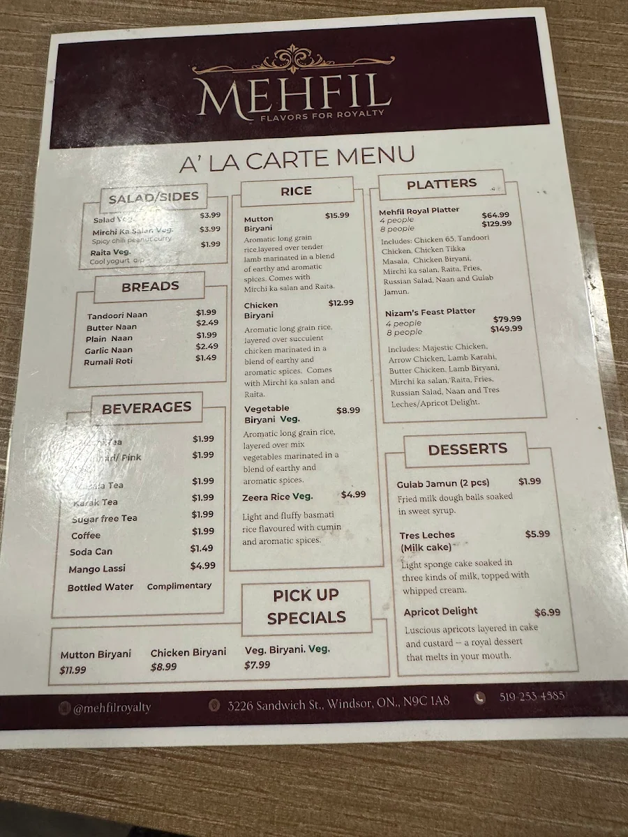 Menu, Mehfil - Flavors for Royalty