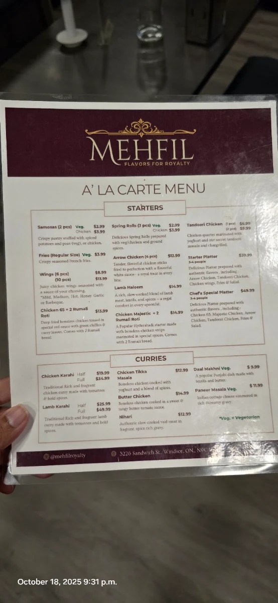 Menu, Mehfil - Flavors for Royalty