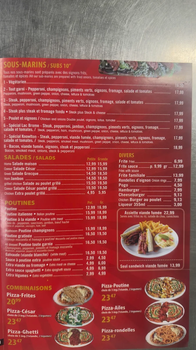 Menu, Pizza Lac Brome