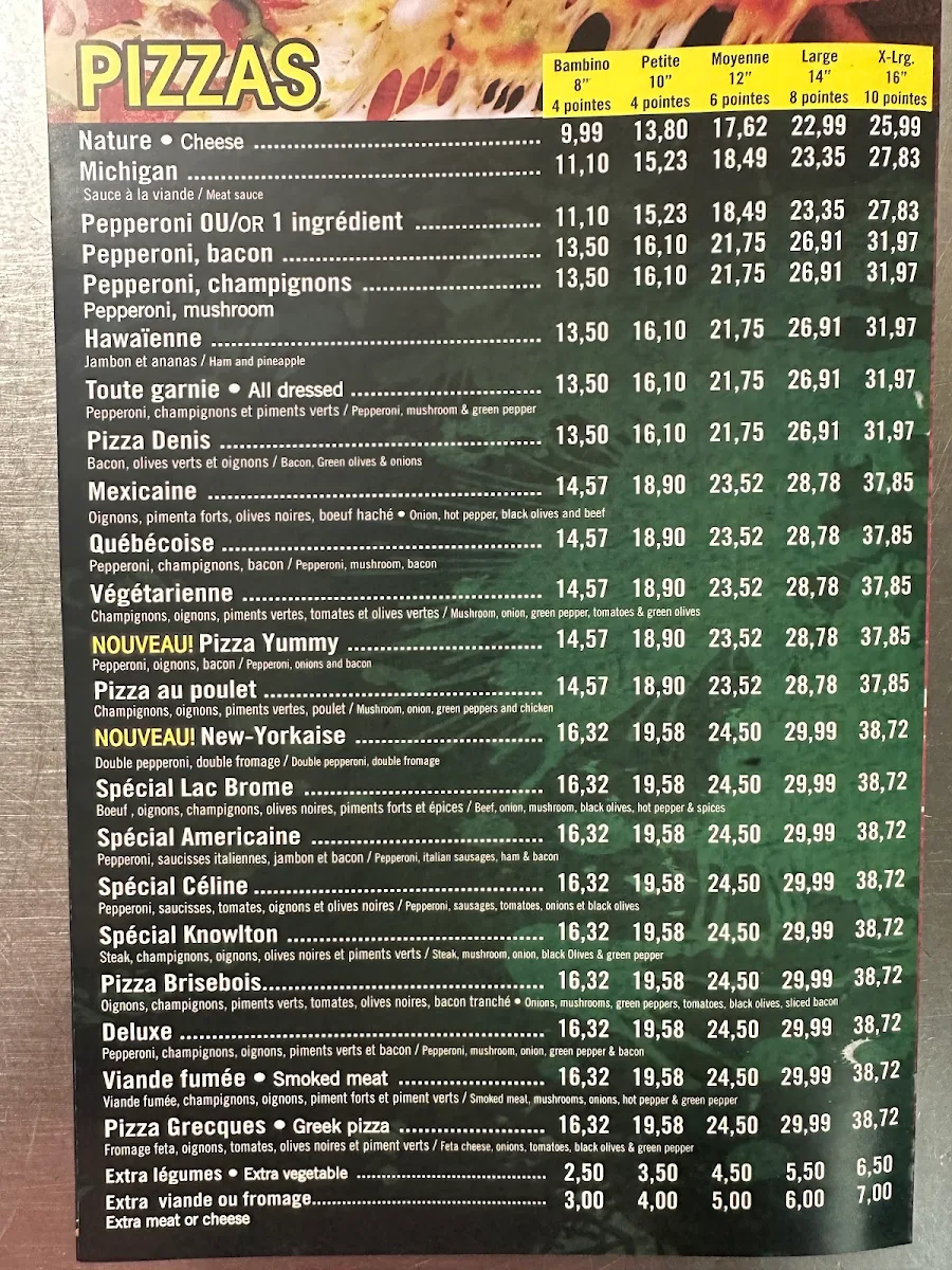 Menu, Pizza Lac Brome