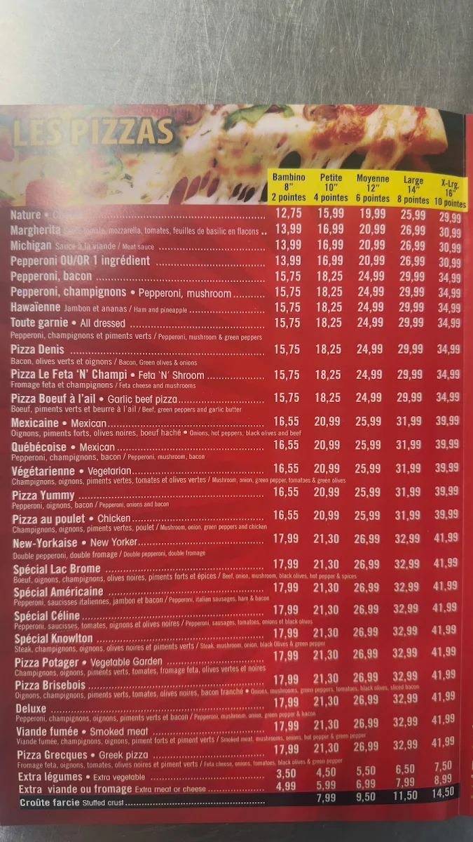 Menu, Pizza Lac Brome