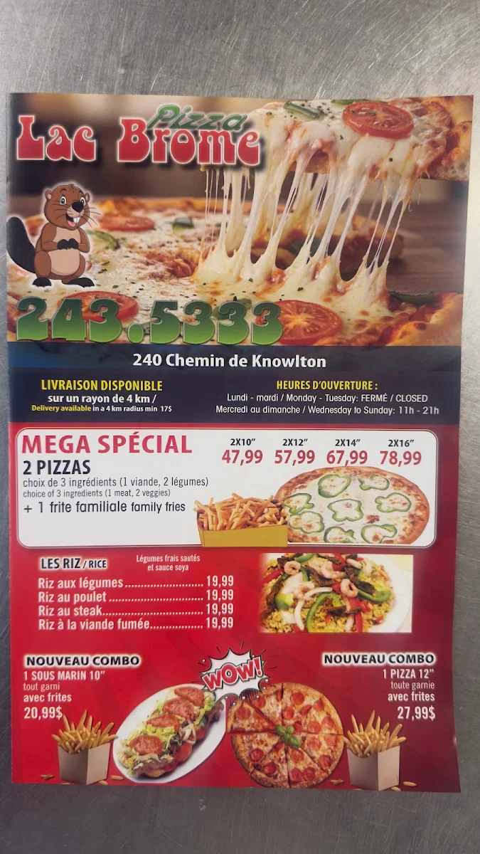 Menu, Pizza Lac Brome