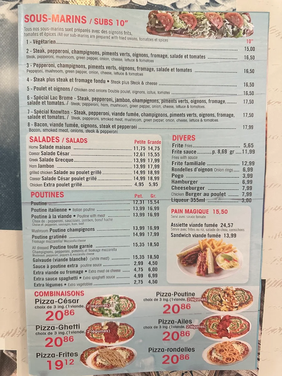 Menu, Pizza Lac Brome
