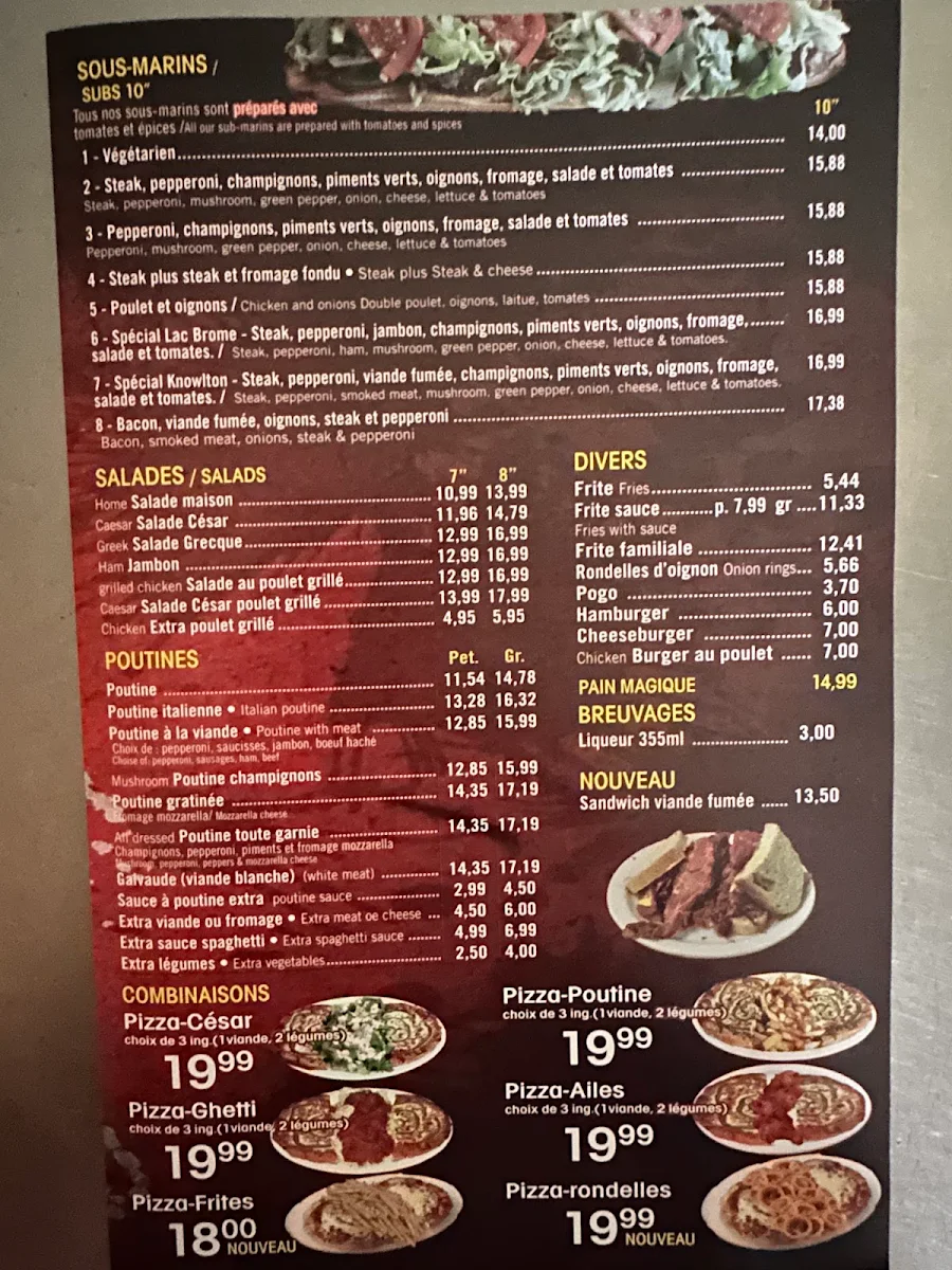 Menu, Pizza Lac Brome