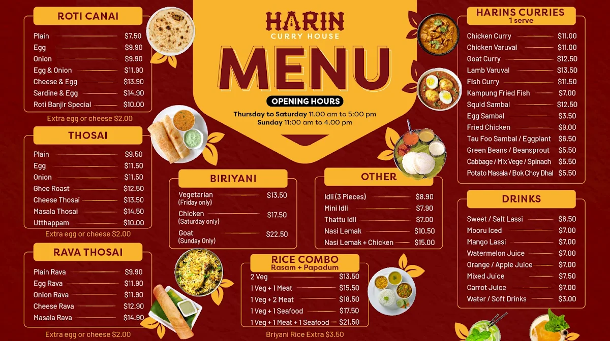 Menu, Harin Curry House