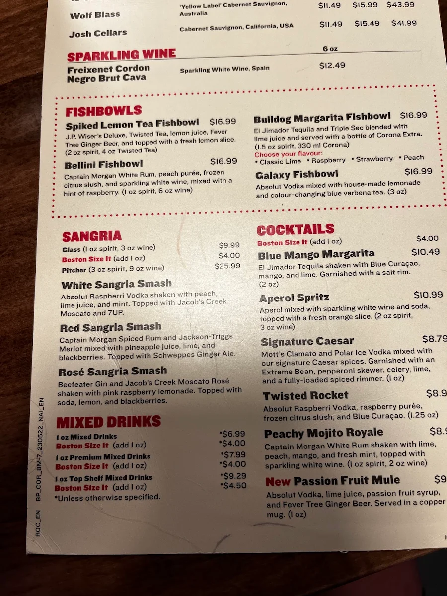 Menu, Boston Pizza
