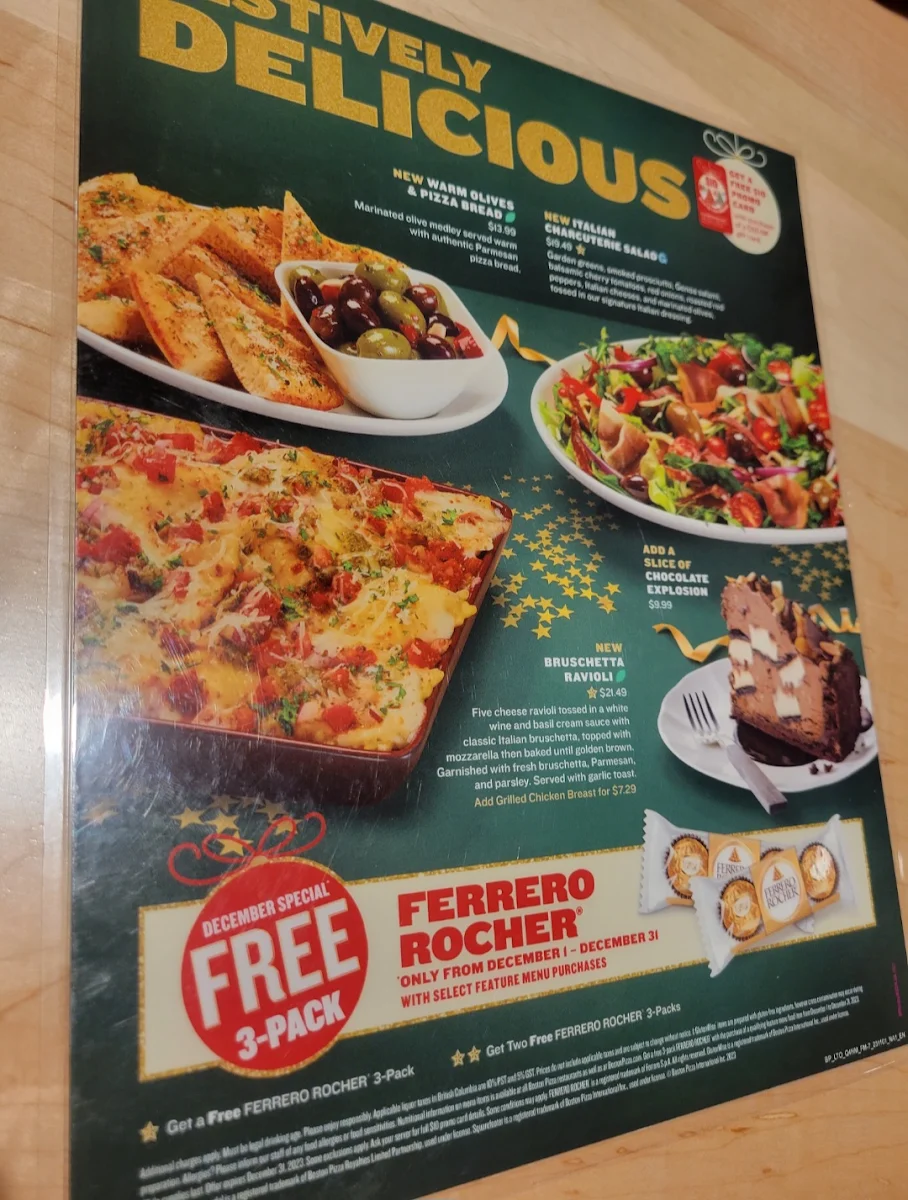 Menu, Boston Pizza