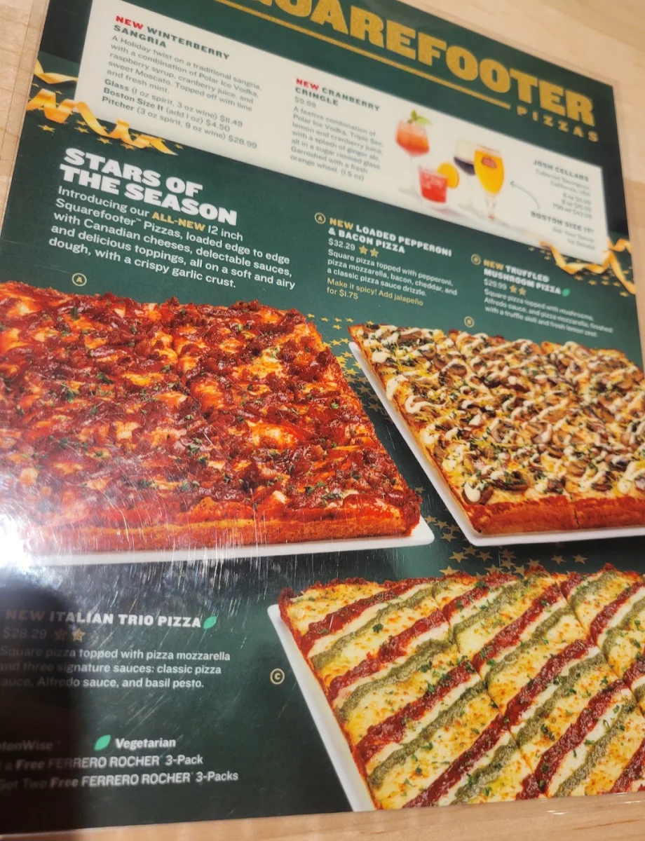 Menu, Boston Pizza