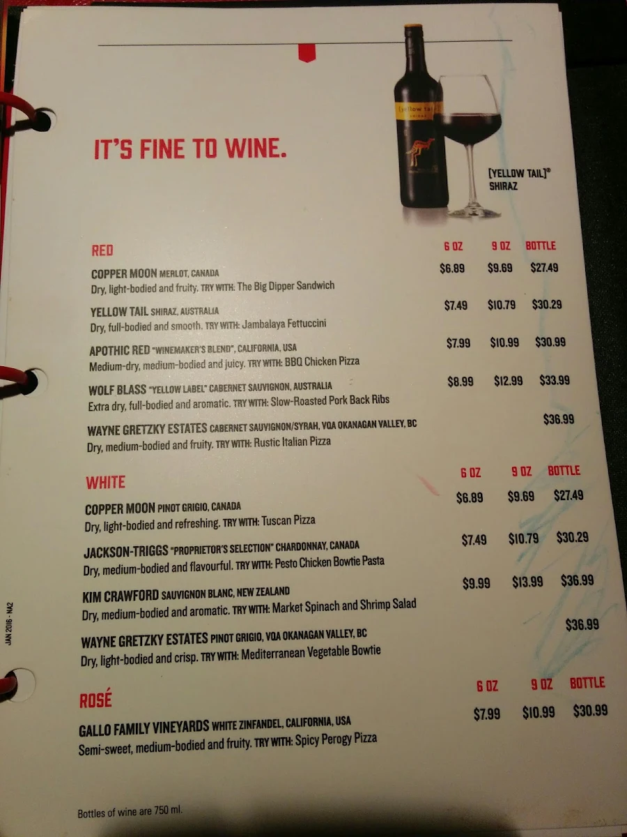 Menu, Boston Pizza
