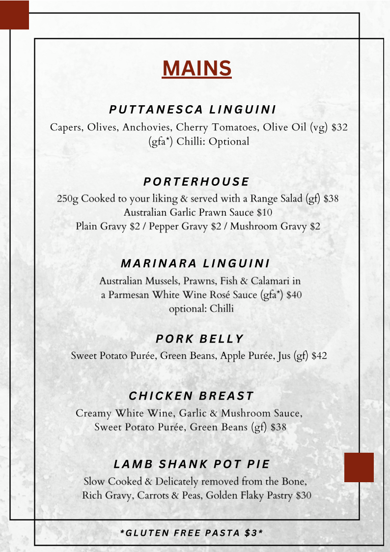 Menu, The Range Restaurant at Mount Compass