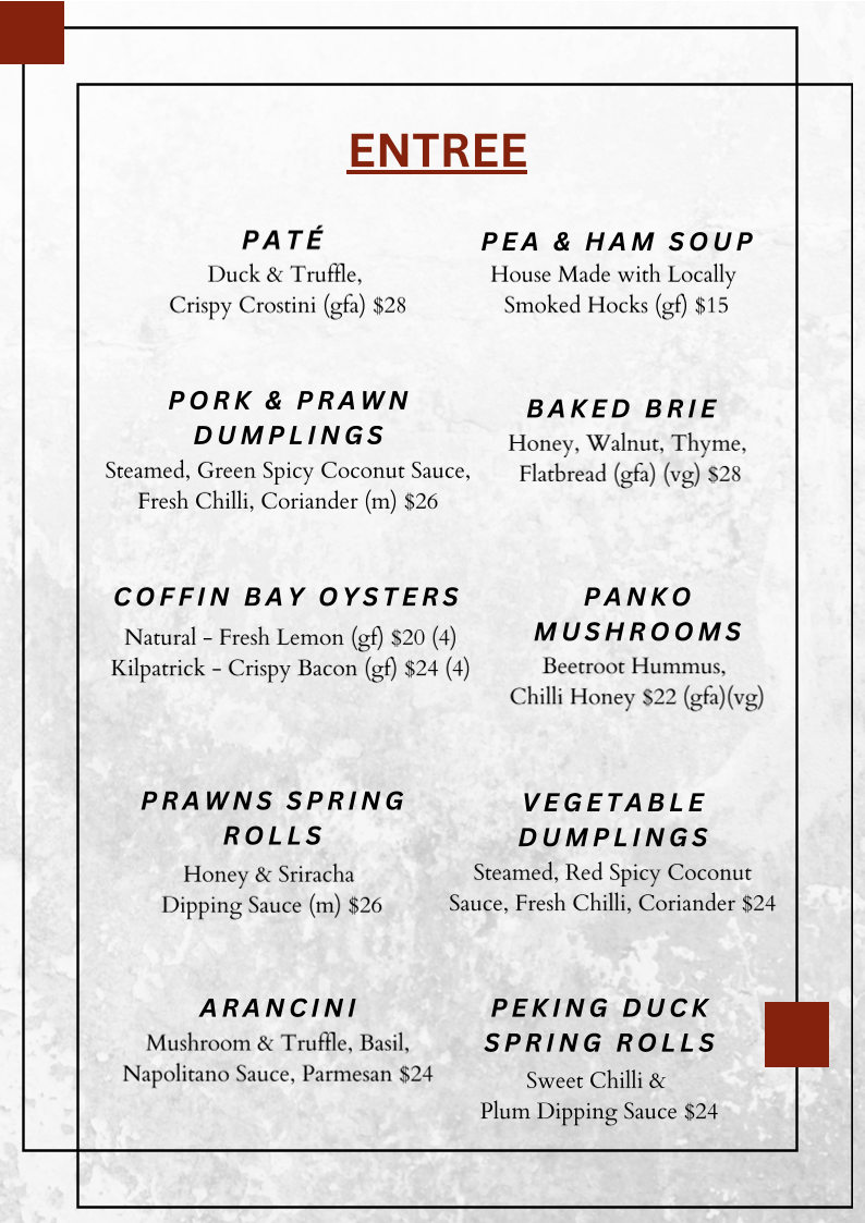 Menu, The Range Restaurant at Mount Compass