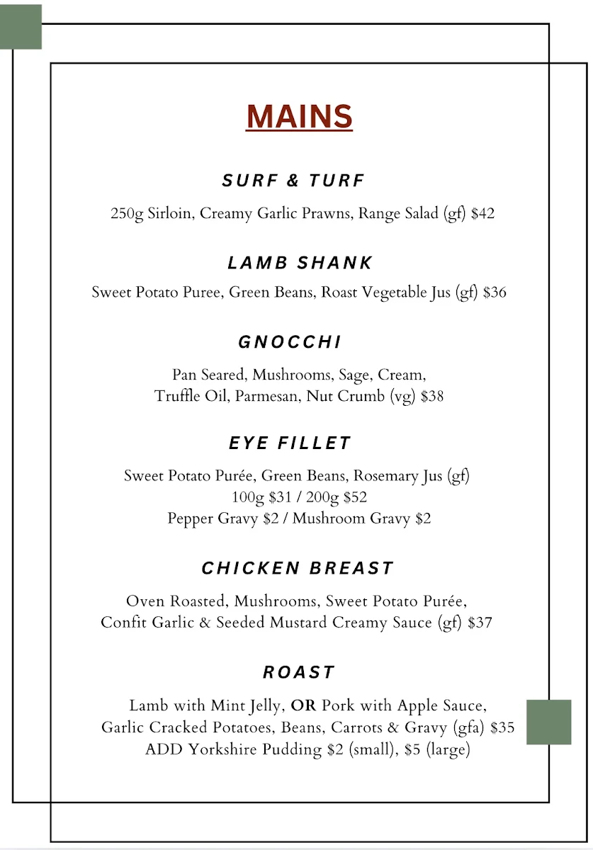 Menu, The Range Restaurant at Mount Compass