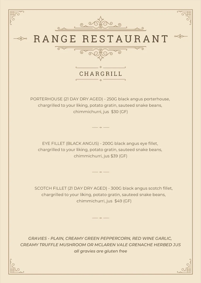 Menu, The Range Restaurant at Mount Compass