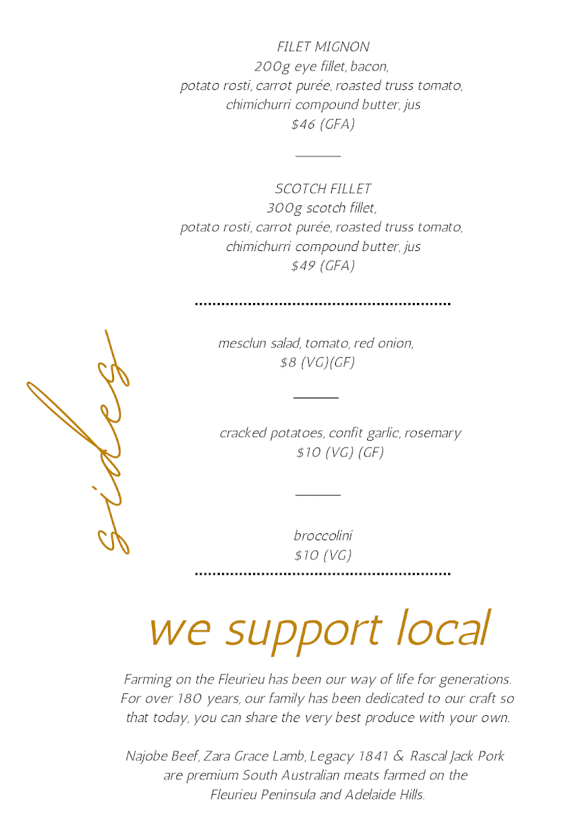 Menu, The Range Restaurant at Mount Compass