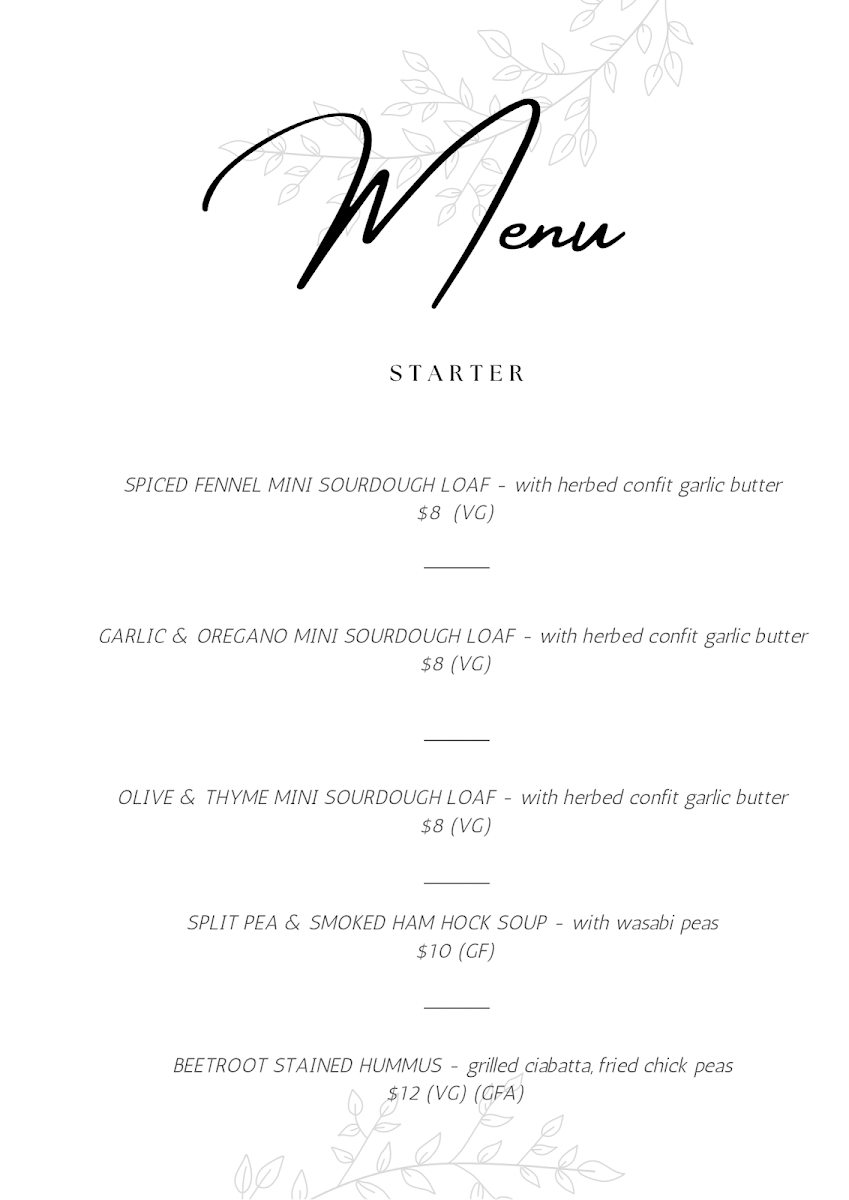 Menu, The Range Restaurant at Mount Compass