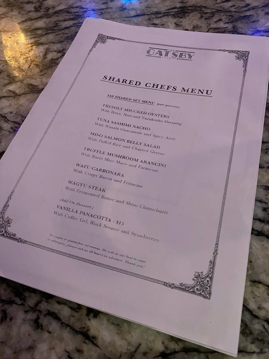 Menu, The Gatsby Lounge