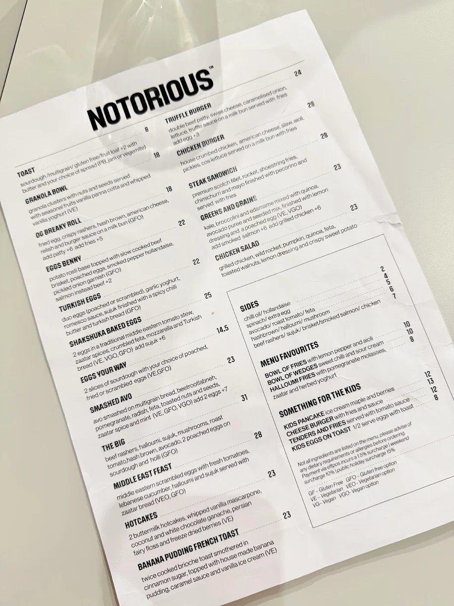 Menu, Notorious Espresso